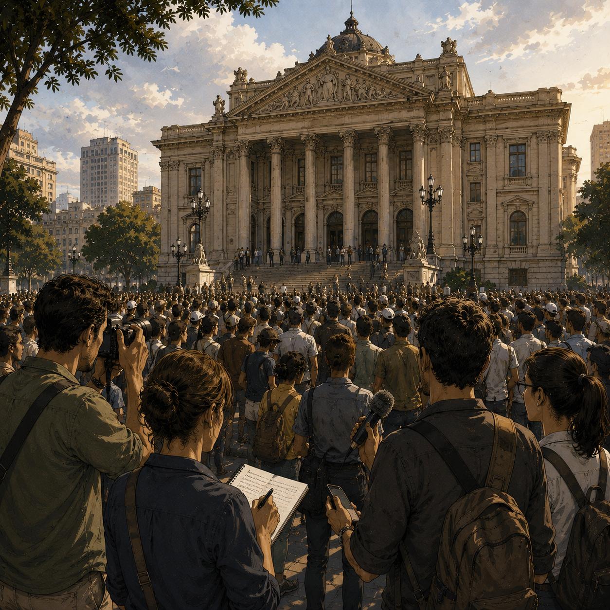 Repórteres observam uma multidão reunida diante de um edifício histórico brasileiro