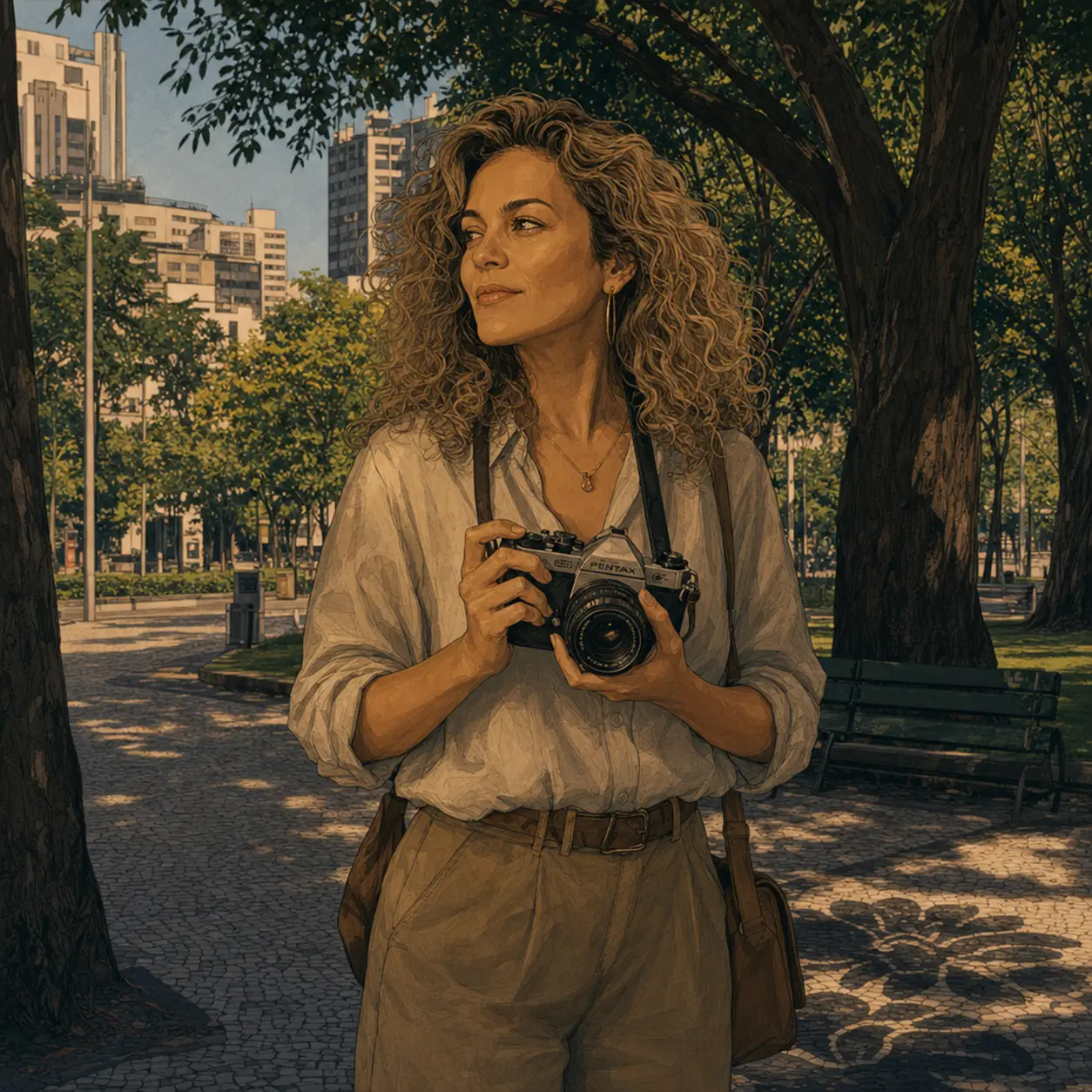 Retrato ilustrado de Clara Mendes, fotógrafa, segurando uma câmera antiga
