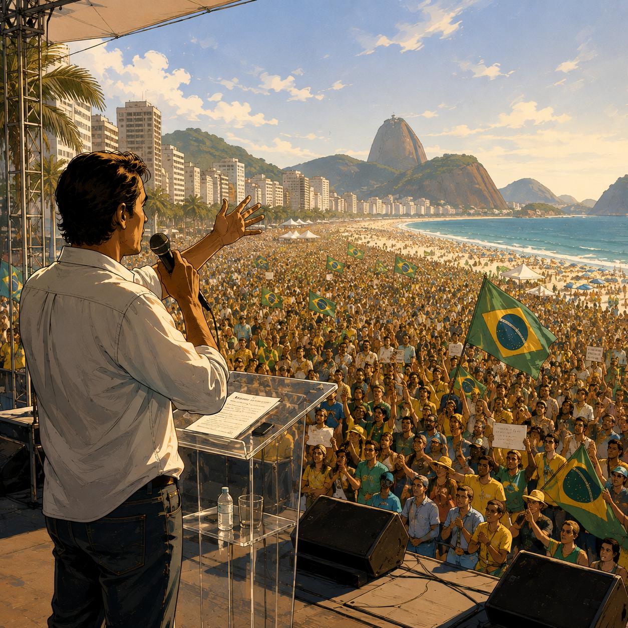 Um homem discursa em português diante de uma multidão na praia de Copacabana, no Rio de Janeiro