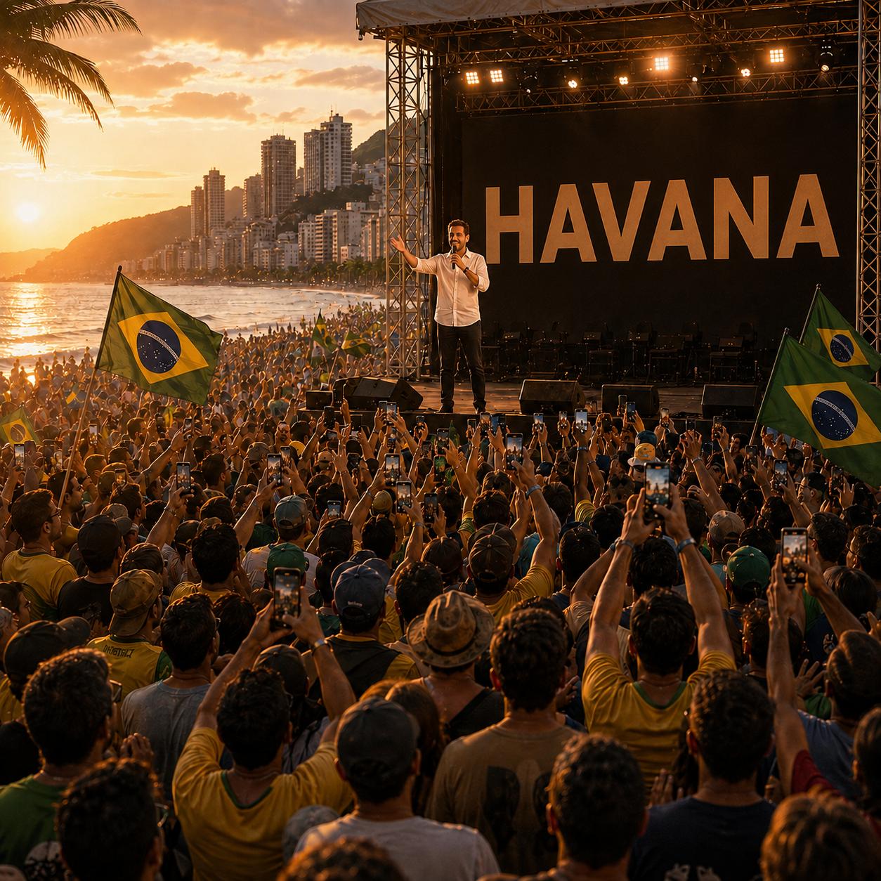 Um homem fala de um palco para uma grande multidão ao pôr do sol