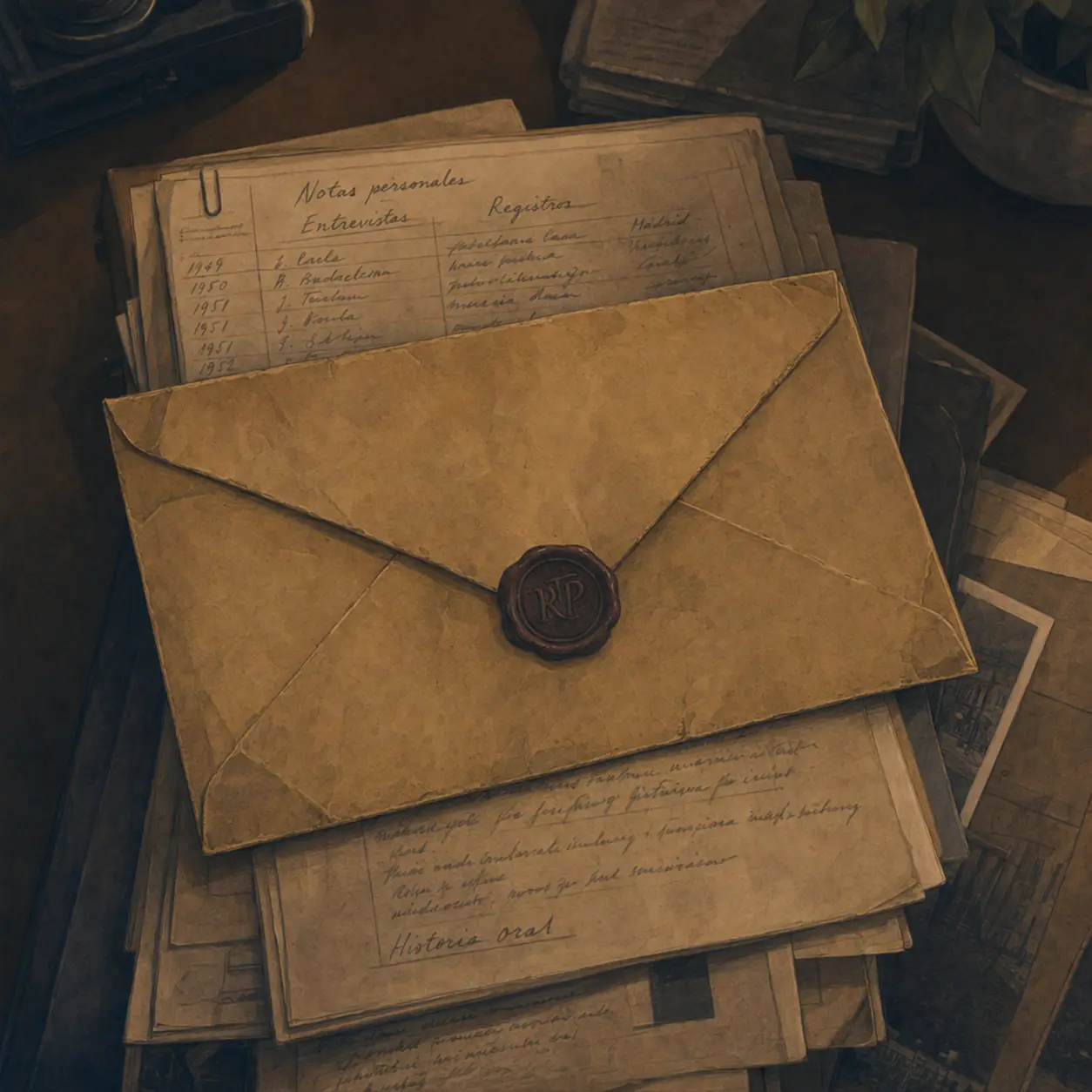 Um envelope antigo lacrado sobre uma pilha de documentos