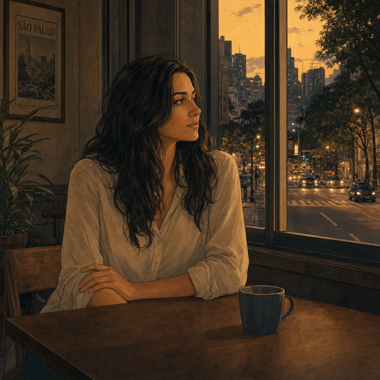 Retrato ilustrado de Helena Duarte, jornalista, em um café de São Paulo