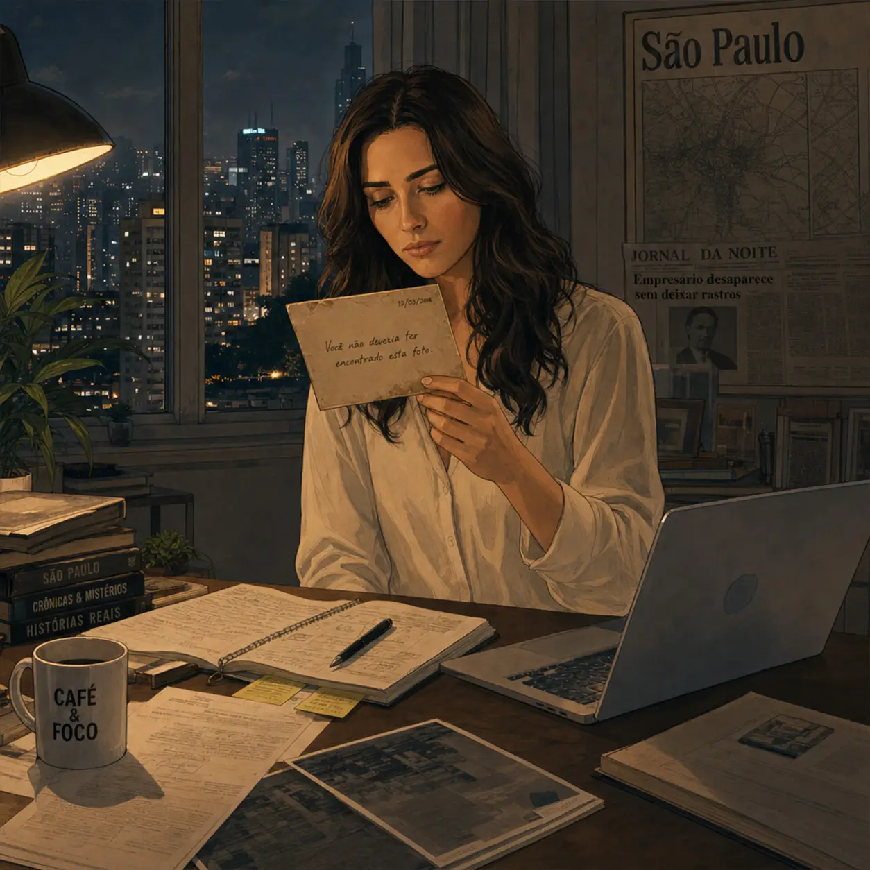 Helena Duarte observa uma fotografia antiga em frente à janela, em uma noite tranquila em São Paulo