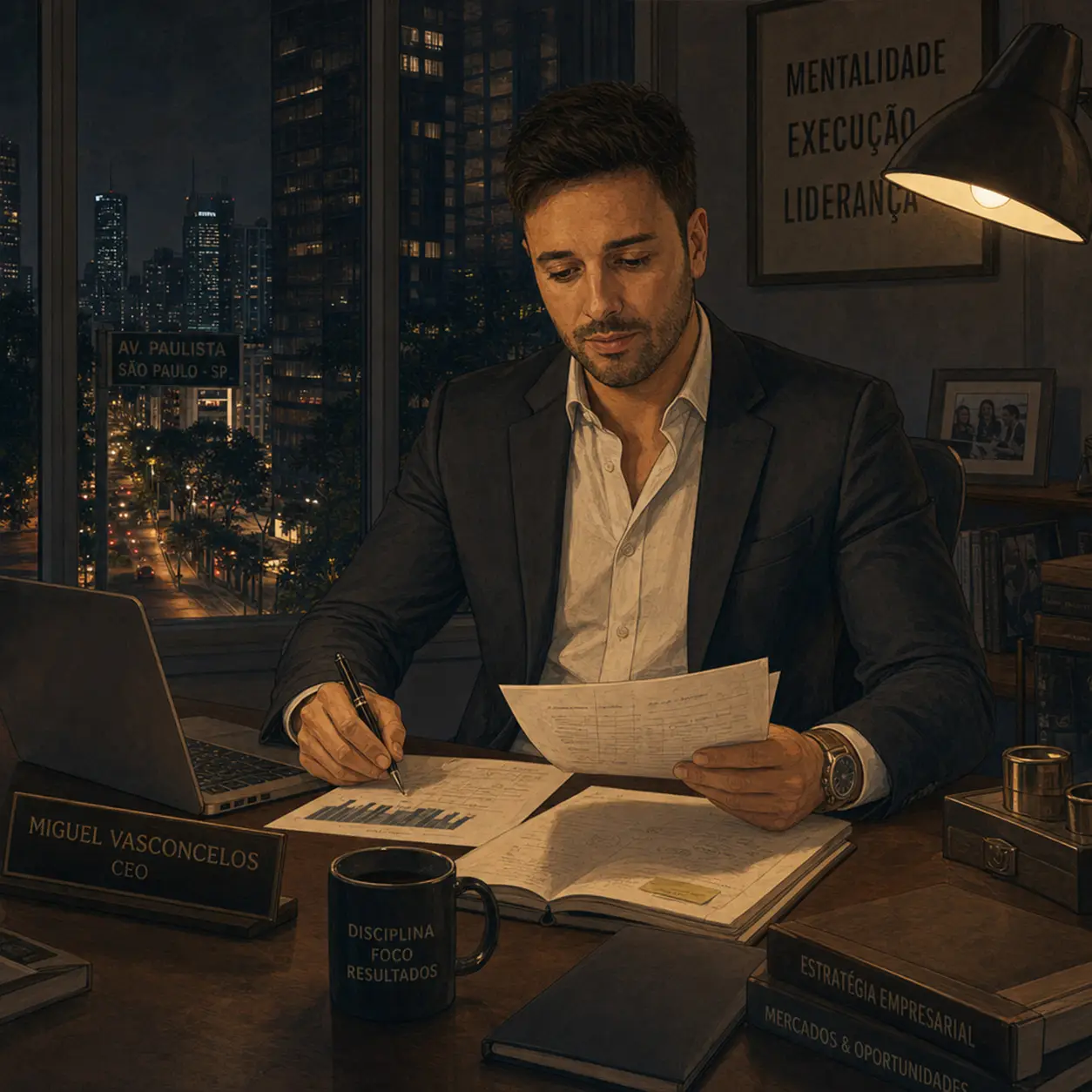 Retrato ilustrado de Miguel Vasconcelos, empresário, em um escritório à noite
